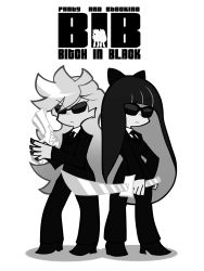 Rule 34 | 2girls, back lace, english text, formal, greyscale, gun, highres, katana, men in black, mib, monochrome, multiple girls, necktie, official style, pant suit, pants, panty &amp; stocking with garterbelt, panty (psg), parody, pu-chin, siblings, sisters, stocking (psg), stripes i &amp; ii, suit, sunglasses, sword, text focus, title parody, weapon