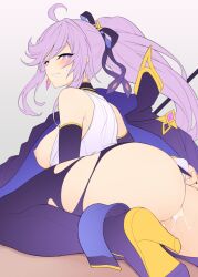 Rule 34 | 1girl, after anal, aftersex, ahoge, aisha landar, ass, blush, boots, breasts, cum, cum in ass, detached sleeves, elsword, eyewear strap, from behind, hair ribbon, high heel boots, high heels, large breasts, long hair, looking back, lord azoth (elsword), nipples, parted lips, ponytail, purple eyes, purple hair, purple ribbon, ribbon, semi-rimless eyewear, shirt, simple background, sleeveless, sleeveless shirt, solo, thigh boots, torn clothes, waero, white shirt