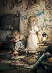Rule 34 | 1boy, 1girl, bandaid, bandaid on arm, barefoot, bed, black footwear, blonde hair, book, book stack, braid, carpet, child, child&#039;s drawing, dress, full body, highres, indoors, juliet sleeves, kobone awaki, lantern, long hair, long sleeves, looking at another, mary janes, original, pants, photo (object), puffy sleeves, shirt, shoes, sitting, striped clothes, striped pants, t-shirt, twin braids, white dress, wooden floor