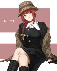 Rule 34 | 1girl, absurdres, alternate costume, black dress, black footwear, black gloves, boots, braid, braided ponytail, brown jacket, buttons, chainsaw man, closed mouth, commentary request, crossed legs, dress, fashion, gloves, gucci, haoho, hat, head tilt, highres, jacket, long hair, looking at viewer, makima (chainsaw man), off shoulder, red eyes, ringed eyes, sidelocks, sitting, smile, solo, yellow eyes