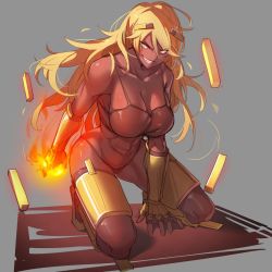 Rule 34 | 1girl, arm guards, at2., bare shoulders, bikini, blaze (minecraft), blaze rod, blonde hair, breasts, cleavage, collarbone, dark-skinned female, dark skin, fire, floating, floating object, grey background, grin, hair ornament, hand on floor, kneeling, large breasts, long hair, looking at viewer, minecraft, personification, shiny clothes, shiny skin, simple background, smile, solo, swimsuit, teeth, toned, yellow eyes