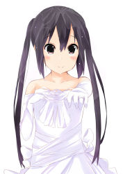 Rule 34 | 1girl, bare shoulders, black hair, blush, bridal veil, brown eyes, collarbone, crying, crying with eyes open, dress, elbow gloves, gloves, hand on own chest, jewelry, k-on!, kokumu, long hair, looking at viewer, nakano azusa, outstretched arm, ring, simple background, smile, solo, strapless, strapless dress, tears, twintails, veil, wedding dress, white background, white dress, white gloves