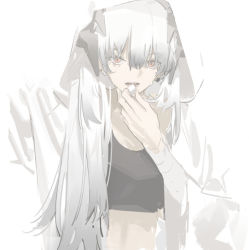 Rule 34 | 1girl, arknights, black shirt, brown eyes, commentary request, crop top, hair between eyes, hand up, holding, hood, hooded jacket, horns, jacket, long hair, looking at viewer, midriff, norizc, open mouth, saria (arknights), shirt, silver hair, solo, upper body, white jacket