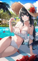 Rule 34 | 1girl, :q, arm garter, arm support, bikini, black hair, blue sky, blush, breasts, cleavage, contrail, flower, food, frilled bikini, frills, hat, hat flower, hibiscus, highres, holding, holding food, leaning to the side, long hair, nanna (heyj2888), navel, original, palm tree, pink eyes, pool, poolside, popsicle, side-tie bikini bottom, sitting, sky, solo, stomach, straw hat, sun hat, swimsuit, thighs, tongue, tongue out, tree, white bikini