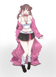 Rule 34 | 1girl, absurdres, belt buckle, black skirt, blush, breasts, brown hair, buckle, chain, chain necklace, crop top, double bun, full body, hair bun, highres, idolmaster, idolmaster shiny colors, jacket, jewelry, large breasts, leather choker, long jacket, looking at viewer, loose socks, miniskirt, natsumegu (yvku8527), navel, necklace, pink jacket, simple background, skirt, smile, socks, solo, sonoda chiyoko, strapless, tube top, twintails, white background, white tube top
