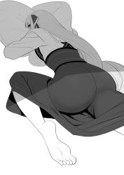 Rule 34 | 1girl, ass, barefoot, blunt bangs, blush, breasts, dress, feet, from behind, greyscale, highres, huge ass, large breasts, long hair, looking at viewer, looking back, lying, momoko (shoutao), monochrome, hugging object, on stomach, original, pillow, pillow hug, shoutao, sideboob, solo, very long hair, white background