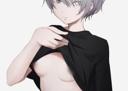 Rule 34 | 1girl, bad id, bad twitter id, blur censor, blurry, breasts, censored, censored nipples, closed mouth, clothes lift, ear piercing, earrings, grey eyes, grey hair, hand up, jewelry, lifted by self, lip piercing, looking at viewer, medium breasts, migihidari (puwako), no bra, original, piercing, shirt lift, simple background, solo, upper body, white background