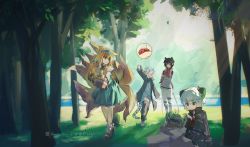 Rule 34 | 2boys, 2girls, :o, absurdres, animal, animal ear fluff, animal ears, arknights, black footwear, black jacket, black pants, blonde hair, blue hairband, blue skirt, bug, character request, commentary request, crossover, day, forest, fox ears, fox girl, fox tail, frilled hairband, frills, green eyes, hair between eyes, hairband, hand up, highres, holding, holding animal, insect, jacket, kitsune, ladybug, long hair, long sleeves, luo xiaohei, multiple boys, multiple girls, nature, open clothes, open jacket, outdoors, pants, parted lips, pink shirt, puffy long sleeves, puffy sleeves, rockrock (arknights), rockrock (before singing) (arknights), rockyroo, shirt, shoes, skirt, sleeves past wrists, socks, standing, suzuran (arknights), suzuran (spring praise) (arknights), tail, luo xiaohei zhanji, tiger ears, tiger girl, tiger tail, tree, very long hair, walking, white shirt, white skirt, white socks