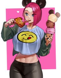 Rule 34 | 1girl, absurdres, asymmetrical bangs, black nails, black pants, breasts, choker, cowboy shot, earrings, eating, eyebrow piercing, eyes visible through hair, food, food on face, heart, highres, ice cream, ice cream cone, jewelry, large breasts, meat, midriff, nail polish, navel, nia (nia4294), original, outside border, pants, piercing, pink background, print shirt, purple eyes, red hair, shirt, shirt overhang, short hair, simple background, solo