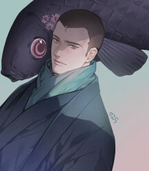 Rule 34 | 1boy, black jacket, black kimono, blue background, blue scarf, buzz cut, closed mouth, commentary, english commentary, facial hair, fish, gradient background, haori, jacket, japanese clothes, kekkaishi, kimono, long sleeves, looking at viewer, male focus, pink background, pink eyes, ringed eyes, scar, scar on face, scar on forehead, scarf, short hair, smile, stubble, sumimura masamori, two-tone background, upper body, very short hair, yoshicha