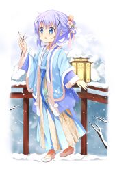 Rule 34 | 1girl, :d, absurdres, blue eyes, blue hair, blush, branch, chinese clothes, commentary request, flower, gochuumon wa usagi desu ka?, hair between eyes, hair flower, hair ornament, hanfu, highres, holding, holding branch, kafuu chino, lantern, long sleeves, open clothes, open mouth, pink flower, railing, revision, shoes, smile, snow, solo, stick jitb, walking, white flower, white footwear, x hair ornament