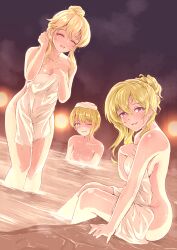 Rule 34 | 3girls, ^ ^, absurdres, blonde hair, blurry, blurry background, blush, breasts, clarice (idolmaster), cleavage, closed eyes, collarbone, completely nude, covering privates, female focus, green eyes, hair bun, highres, idolmaster, idolmaster cinderella girls, kurosaki chitose, looking at viewer, medium breasts, miyamoto frederica, multiple girls, nude, nude cover, onsen, partially submerged, red eyes, single hair bun, smile, soaking feet, steam, tomawarinosuizou, towel, towel on head, wading, white towel
