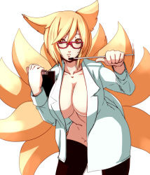 Rule 34 | 1girl, animal ears, bespectacled, blonde hair, breasts, brown eyes, cleavage, clipboard, coat, dearmybrothers, female focus, fox ears, fox tail, glasses, groin, highres, holding, huge breasts, lab coat, large breasts, leaning forward, multiple tails, no bra, no panties, open clothes, open coat, open shirt, shirt, simple background, solo, tail, thighhighs, touhou, white background, yakumo ran, yellow eyes