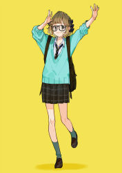 Rule 34 | 1girl, arms up, backpack, bag, black bag, black bow, black eyes, black necktie, black skirt, blue sweater, bow, closed mouth, collared shirt, commentary request, full body, glasses, green socks, hair bow, light brown hair, loafers, long sleeves, looking at viewer, necktie, original, plaid, plaid skirt, pleated skirt, polka dot, shirt, shirt under sweater, shoes, short hair, simple background, skirt, sleeves pushed up, smile, socks, solo, standing, standing on one leg, sweater, uniform, white polka dots, wing collar, yellow background, yuu (higashi no penguin)