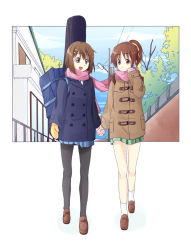 Rule 34 | 00s, 2girls, bad id, bad pixiv id, bag, brown eyes, brown hair, coat, highres, hirasawa ui, hirasawa yui, holding hands, in-universe location, k-on!, kou (ahms), mittens, multiple girls, pantyhose, ponytail, scarf, school uniform, shared clothes, shared scarf, short hair, siblings, sisters