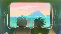 Rule 34 | 2boys, barefoot, black hair, curtains, from behind, gon freecss, green jacket, head rest, highres, hunter x hunter, indoors, jacket, killua zoldyck, lying, male focus, mountain, multiple boys, on stomach, reflection, shirt, sky, spiked hair, uffie, white hair, window