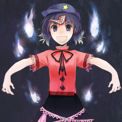 Rule 34 | 1girl, 74 (teduka), black eyes, black hair, chinese clothes, fang, female focus, gradient hair, hat, highres, miyako yoshika, multicolored hair, ofuda, open mouth, outstretched arms, short hair, short sleeves, solo, star (symbol), touhou, white hair, zombie pose
