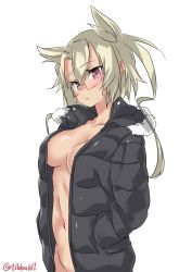 Rule 34 | 10s, 1girl, alternate costume, bad id, bad twitter id, black coat, blonde hair, blush, bottomless, breasts, cleavage, coat, collarbone, cowboy shot, dark-skinned female, dark skin, ebifurya, eyebrows, hair between eyes, hair flaps, hands in pockets, highres, inactive account, kantai collection, long hair, long sleeves, looking at viewer, medium breasts, musashi (kancolle), naked coat, navel, no bra, open clothes, open coat, red eyes, simple background, solo, stomach, twintails, twitter username, two side up, white background