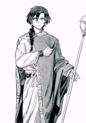 Rule 34 | 1boy, alternate costume, alternate hairstyle, braid, byzantine empire, cheeeeese0619, clenched hand, cloak, closed mouth, constantine xi (fate), earrings, expressionless, facing viewer, fate/grand order, fate (series), feet out of frame, greco-roman clothes, greyscale, hair between eyes, hair over shoulder, hand on own chest, highres, holding, holding staff, jewelry, long hair, long sleeves, male focus, monochrome, robe, roman clothes, rope belt, sideways glance, simple background, single braid, sleeve cuffs, solo, staff, tassel, white background