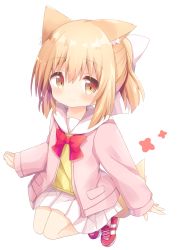 Rule 34 | 1girl, absurdres, animal ear fluff, animal ears, blush, bow, brown eyes, closed mouth, commentary request, full body, hair between eyes, hair bow, highres, jacket, light brown hair, long sleeves, nakkar, open clothes, open jacket, original, pink jacket, pleated skirt, ponytail, red bow, red footwear, sailor collar, shirt, shoes, simple background, skirt, sleeves past wrists, smile, socks, solo, tail, white background, white bow, white sailor collar, white skirt, white socks, yellow shirt