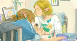 Rule 34 | 1boy, 1girl, absurdres, alternate universe, applying manicure, beishan qi, blonde hair, blue flower, blue nails, blue shirt, blue sleeves, braid, casual, chinese commentary, commentary request, crown braid, cup, earrings, face-to-face, floral print, flower, from behind, green eyes, green nails, grey jacket, highres, holding, holding paintbrush, hood, hooded jacket, hoop earrings, indoors, jacket, jewelry, link, long sleeves, looking at object, mug, multicolored nails, nail polish, nail polish bottle, nail polish brush, nintendo, on chair, paintbrush, painting (object), painting nails, pillow, plant, pointy ears, potted plant, princess zelda, red nails, shirt, short hair, short ponytail, short sleeves, sitting, sleeves rolled up, tablet pc, the legend of zelda, the legend of zelda: tears of the kingdom, triforce, unworn jacket, upper body, vase, watching television, watermark, weibo logo, weibo watermark, white shirt, white sleeves, yellow nails