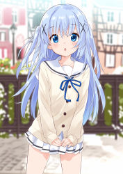 Rule 34 | 1girl, :o, absurdres, blue eyes, blue hair, blue ribbon, blurry, blurry background, blush, collarbone, commentary request, depth of field, gochuumon wa usagi desu ka?, hair between eyes, hair ornament, highres, kafuu chino, light blue hair, long hair, long sleeves, looking at viewer, mousou (mousou temporary), open mouth, pleated skirt, ribbon, skirt, sleeves past wrists, solo, two side up, white skirt, x hair ornament