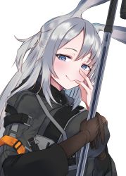 Rule 34 | 1girl, absurdres, animal ears, arknights, black gloves, blue eyes, blush, breasts, commentary request, duuwa (doluwa), gloves, unworn gloves, grey hair, hair between eyes, hand on own face, highres, holding, long hair, looking at viewer, rabbit ears, savage (arknights), simple background, smile, solo, upper body, white background