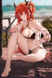 Rule 34 | 1girl, arknights, bare legs, bare shoulders, beach, bikini, black bikini, blush, breasts, cleavage, closed mouth, collarbone, demon horns, detached sleeves, hair between eyes, hair ornament, hair rings, hand up, highres, horns, large breasts, legs, long hair, looking at viewer, nail polish, navel, ocean, official alternate costume, pointing, pointing up, pout, purple eyes, red hair, ru zhai, sitting, solo, sunlight, surtr (arknights), surtr (colorful wonderland) (arknights), swimsuit, torn clothes, very long hair, water, wooden deck