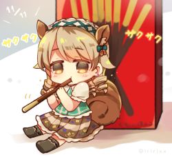 Rule 34 | 1girl, animal ear fluff, animal ears, blush, bow, brown eyes, brown skirt, chibi, commentary request, earrings, eating, food, green bow, green shirt, hair bow, hairband, hands up, holding, holding food, holding pocky, idolmaster, idolmaster cinderella girls, jewelry, looking at viewer, medium hair, morikubo nono, nitro (lrlrxx), pocky, puffy short sleeves, puffy sleeves, ringlets, shirt, short sleeves, sitting, skirt, solo, squirrel ears, squirrel tail, stud earrings, tail