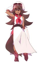 Rule 34 | 1girl, :d, apron, azuumori, bare shoulders, belt, boots, brown hair, dark-skinned female, dark skin, hair flaps, hand on headwear, hand up, highres, long hair, lucha (azuumori), mittens, neckerchief, open mouth, original, red eyes, red footwear, red neckerchief, simple background, slit pupils, smile, solo, standing, tail, white apron, white background, wolf tail