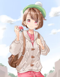 Rule 34 | 1girl, alternate eye color, ayaro (genkiloobaii), backpack, bag, bob cut, brown bag, brown hair, buttons, cable knit, cardigan, cloud, collared dress, commentary request, creatures (company), day, dress, eyelashes, game freak, glint, gloria (pokemon), green hat, grey cardigan, hat, highres, holding, holding poke ball, holding strap, hooded cardigan, looking at viewer, nintendo, outdoors, pink dress, pink eyes, poke ball, poke ball (basic), pokemon, pokemon swsh, short hair, sky, solo, tam o&#039; shanter