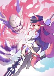 Rule 34 | 1girl, absurdres, arknights, black footwear, black hat, black jacket, black skirt, black thighhighs, blush, boots, cabbie hat, closed mouth, commentary request, hat, highres, holding, holding weapon, horns, horns through headwear, ichi (ichi.colors), jacket, long hair, long sleeves, low-tied long hair, red eyes, red hair, shirt, skirt, smile, solo, thighhighs, very long hair, vigna (arknights), weapon, white shirt