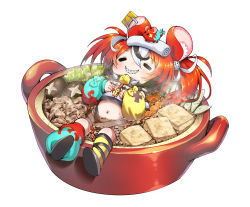 Rule 34 | 1girl, animal ears, asymmetrical legwear, bamboo shoot, black footwear, blush, cheese, chibi, closed eyes, collar, commentary request, detached sleeves, dice hair ornament, food, food focus, food on face, full body, grin, hair between eyes, hair ornament, hakos baelz, hands on own chest, highres, hololive, hololive english, in food, key, kubota masaki, medium hair, midriff, mismatched legwear, mouse ears, mouse girl, navel, red hair, shirt, simple background, smile, solo, spiked collar, spikes, strapless, strapless shirt, teeth, virtual youtuber, white background