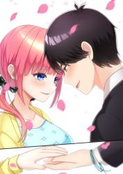 Rule 34 | 1boy, 1girl, absurdres, black hair, black necktie, black scrunchie, black suit, blue dress, blue eyes, blunt bangs, blush, bracelet, breasts, cardigan, collarbone, dress, ear piercing, engagement ring, floral print, formal, from side, go-toubun no hanayome, happy, happy tears, highres, holding hands, jewelry, kurosaki coco, large breasts, looking at another, nakano nino, necktie, open cardigan, open clothes, petals, piercing, pink hair, marriage proposal, raised eyebrows, scrunchie, shirt, simple background, sleeves past wrists, smile, suit, tears, twintails, uesugi fuutarou, white background, white shirt, yellow cardigan, yellow eyes