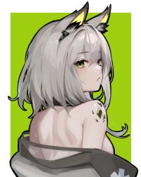 Rule 34 | 1girl, animal ear fluff, animal ears, arknights, bare shoulders, border, breasts, cat ears, closed mouth, from behind, green background, green eyes, grey hair, idashige (walkietalkie), kal&#039;tsit (arknights), long hair, looking at viewer, looking back, material growth, medium breasts, off shoulder, oripathy lesion (arknights), outside border, sideboob, simple background, solo, upper body, white border