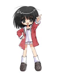 Rule 34 | 1girl, black eyes, black hair, brown footwear, commentary, frilled shirt, frills, full body, hajang68, hand on own hip, hand up, korean commentary, loafers, long sleeves, looking at viewer, medium hair, no pants, open clothes, open mouth, open shirt, original, pointing, red shirt, sailor collar, sailor shirt, shirt, shoes, simple background, smile, socks, solo, standing, white background, white sailor collar, white socks, white undershirt