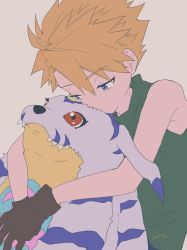 Rule 34 | bad id, bad pixiv id, blonde hair, blue eyes, brown gloves, child, closed mouth, digimon, digimon (creature), digimon adventure, egtf2583, gabumon, gloves, hair between eyes, highres, horns, ishida yamato, red eyes, simple background, single horn