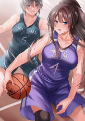 Rule 34 | 2girls, ball, bare shoulders, basketball, basketball (object), basketball court, basketball jersey, basketball uniform, blue eyes, brown eyes, brown hair, clenched teeth, collarbone, dribbling (basketball), highres, holding, holding ball, inue ao, jersey, multiple girls, open mouth, original, ponytail, short hair, sidelocks, single thighhigh, sportswear, sweat, teeth, thighhighs