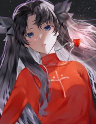 Rule 34 | 1girl, black background, black hair, black ribbon, blue eyes, commentary request, fate/stay night, fate (series), floating, floating object, hair ribbon, highres, jewelry, light particles, long hair, looking at viewer, necklace, parted bangs, parted lips, red sweater, ribbon, shimatori (sanyyyy), solo, sweater, teeth, tohsaka rin, two side up, upper body