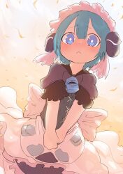 Rule 34 | 1boy, blue eyes, blue hair, blush, child, cowboy shot, frown, highres, made in abyss, maid, male focus, maruruk, outdoors, short sleeves, simple background, sketch, tearing up, whistle, yu2106z