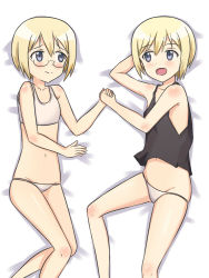 Rule 34 | 2girls, :d, arm behind head, armpit peek, armpits, bare arms, bare legs, bare shoulders, bed, bed sheet, black vest, blonde hair, blue eyes, blush, breasts, closed mouth, collarbone, crop top, erica hartmann, glasses, grey eyes, groin, holding hands, looking at another, lowleg, lowleg panties, lying, multiple girls, navel, no pants, on side, open mouth, panties, shirt, short hair, siblings, sisters, small breasts, smile, stomach, strike witches, strike witches: suomus misfits squadron, twins, underwear, underwear only, ursula hartmann, vest, white panties, white shirt, world witches series