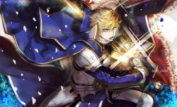Rule 34 | 1boy, ahoge, armor, arthur pendragon (fate), artist name, blonde hair, blue flower, blue petals, breastplate, cape, excalibur (fate/prototype), fate/grand order, fate (series), faulds, fighting stance, flower, gauntlets, glowing, glowing weapon, greaves, green eyes, hair between eyes, holding, hood, long sleeves, looking at viewer, male focus, pauldrons, petals, pvc parfait, shoulder armor, solo, sparkle, sweat, sword, twitter username, upper body, weapon, white petals
