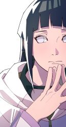 1girl absurdres black_hair byakugan closed_mouth forehead_protector highres hyuuga_hinata jacket long_hair looking_to_the_side multicolored_clothes multicolored_jacket naruto_(series) naruto_shippuuden own_hands_together pnpk_1013 portrait purple_jacket solo two-tone_jacket zipper_pull_tab