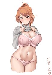 Rule 34 | 1girl, alternate costume, aquila (kancolle), blush, bra, breasts, cowboy shot, hair between eyes, hair ornament, hairclip, high ponytail, highres, kantai collection, large breasts, lifting own clothes, long hair, looking at viewer, one-hour drawing challenge, orange hair, panties, pink bra, pink panties, ribbed shirt, shirt, simple background, smile, solo, tf cafe, tsurime, twitter username, underwear, white background, yellow eyes