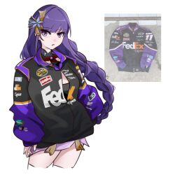 Rule 34 | 1girl, :o, absurdres, black jacket, braid, chevrolet, commentary, cosplay, denny hamlin, denny hamlin (cosplay), flower, genshin impact, hair flower, hair ornament, hands in pockets, highres, holeecrab, jacket, long hair, looking to the side, nascar, old spice, open mouth, photo inset, purple flower, purple hair, raiden shogun, reference inset, solo, sponsor, star (symbol), symbol-only commentary, upper body, very long hair, white background
