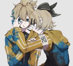 Rule 34 | 1boy, 1girl, black bow, blonde hair, blue eyes, bow, crypton future media, eiku, grey background, hair between eyes, hair bow, hair ornament, hairclip, hand on another&#039;s arm, hand on another&#039;s face, hood, hood down, hoodie, hug, kagamine len, kagamine rin, looking at viewer, paint, paint splatter, piapro, shirt, short hair, siblings, twins, vocaloid, yellow hoodie
