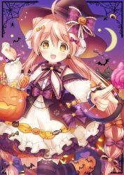 Rule 34 | 1girl, :d, absurdres, black cat, brown eyes, bug, candy, cat, commentary request, crescent moon, dress, food, ghost, hair ornament, halloween, hat, hat ribbon, highres, holding, holding candy, holding food, holding lollipop, jack-o&#039;-lantern, kemamire, lollipop, long hair, long sleeves, moon, nail polish, night, open mouth, orange hair, original, paw print, pumpkin, ribbon, silk, smile, solo, spider, spider web, striped clothes, striped thighhighs, symbol-shaped pupils, thighhighs, twintails, very long hair, white dress, witch hat