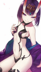 Rule 34 | 10s, 1girl, 2016, akaitera, bad id, bob cut, breasts, dated, fate/grand order, fate (series), horns, japanese clothes, kimono, navel, oni, pale skin, purple eyes, purple hair, short hair, shuten douji (fate), simple background, skin-covered horns, small breasts, smile, solo, white background