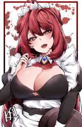 Rule 34 | 1girl, absurdres, belt, blood, blood splatter, breasts, chickenvomit, cleavage, commentary request, highres, king&#039;s raid, large breasts, long hair, looking at viewer, maid, open mouth, red eyes, red hair, solo, victorian maid, white background
