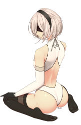 Rule 34 | 1girl, artist name, ass, back, black blindfold, black hairband, black thighhighs, blindfold, closed mouth, covered eyes, gloves, hairband, highres, looking back, nier (series), nier:automata, ryu seung, short hair, solo, thighhighs, white background, white hair, 2b (nier:automata)